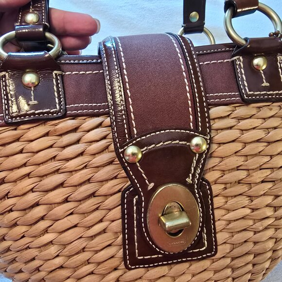 Coach Legacy 10728 Basket Tote Woven Straw Espresso Brown Leather Turn Lock GUC - Picture 3 of 16